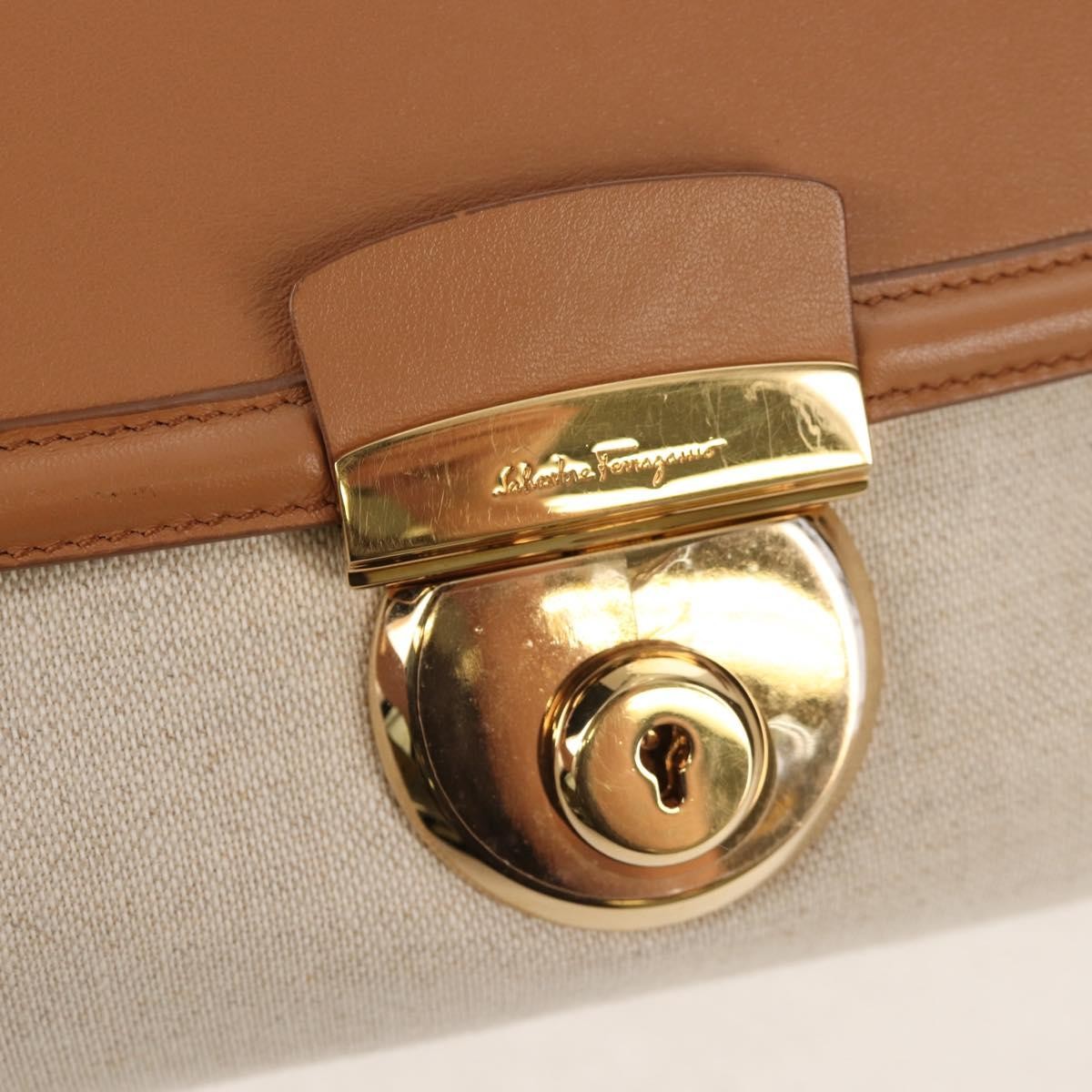 Salvatore Ferragamo Vintage Fiamma Satchel Canvas and Leather, BEIGE, CANVAS, Handbag