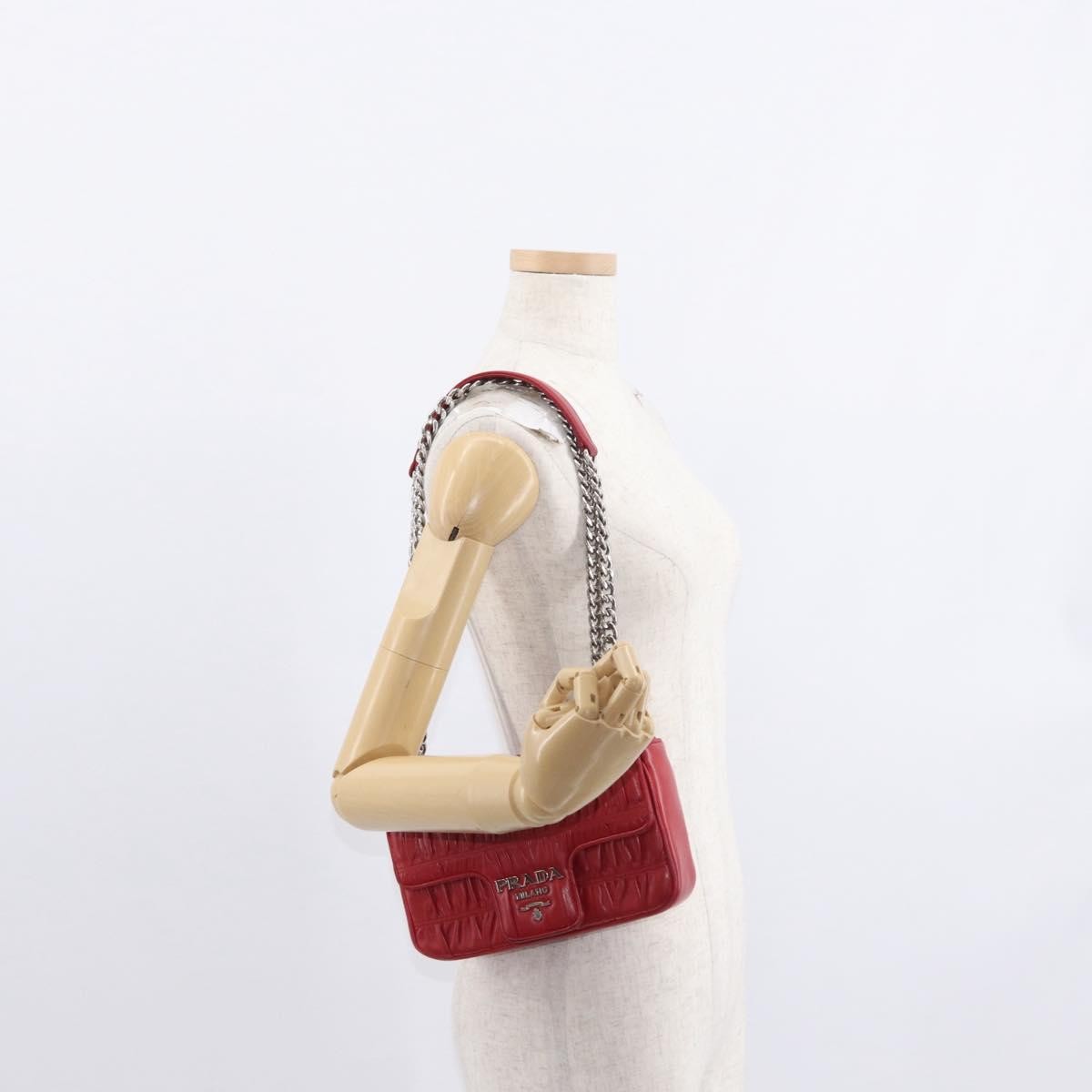 Prada Gaufre Chain Flap Shoulder Bag Nappa Leather, RED, LEATHER, Shoulder bag