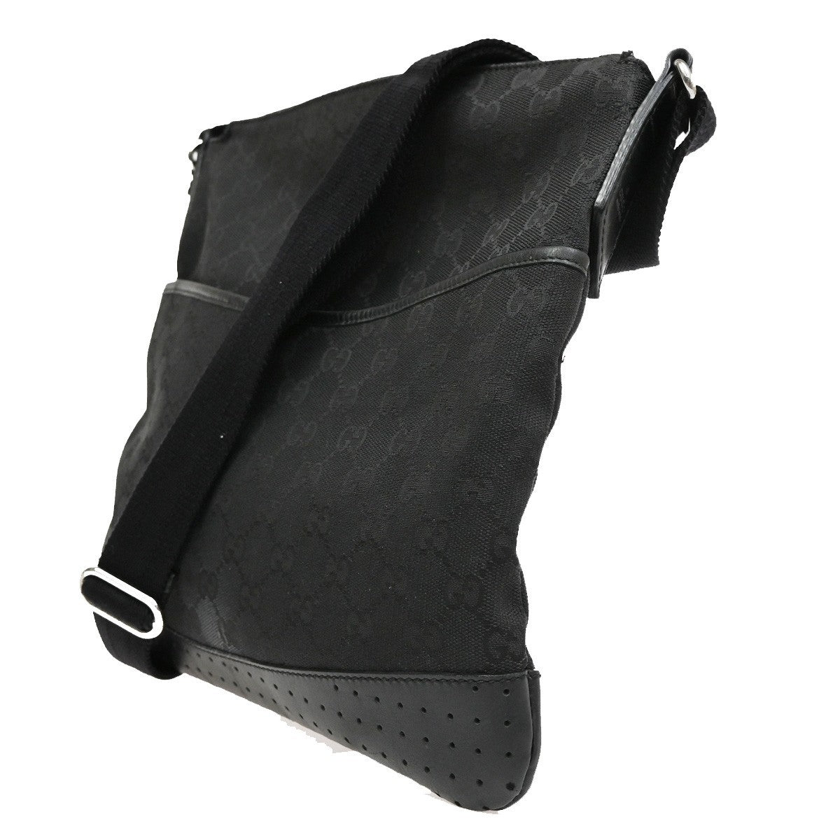 Gucci Zip Messenger Bag GG Canvas with Perforated Leather, BLACK, CANVAS, Shoulder bag