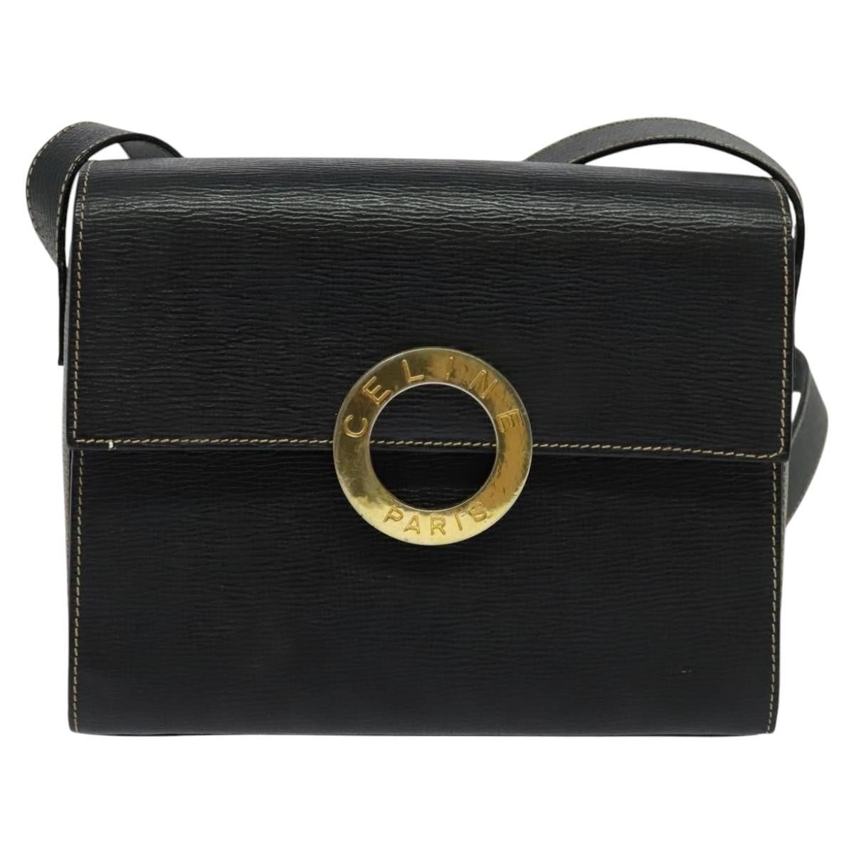 Celine Vintage Circle Logo Crossbody Bag Leather, BLACK, LEATHER, Crossbody bag