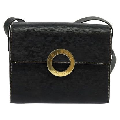 Celine Vintage Circle Logo Crossbody Bag Leather, BLACK, LEATHER, Crossbody bag