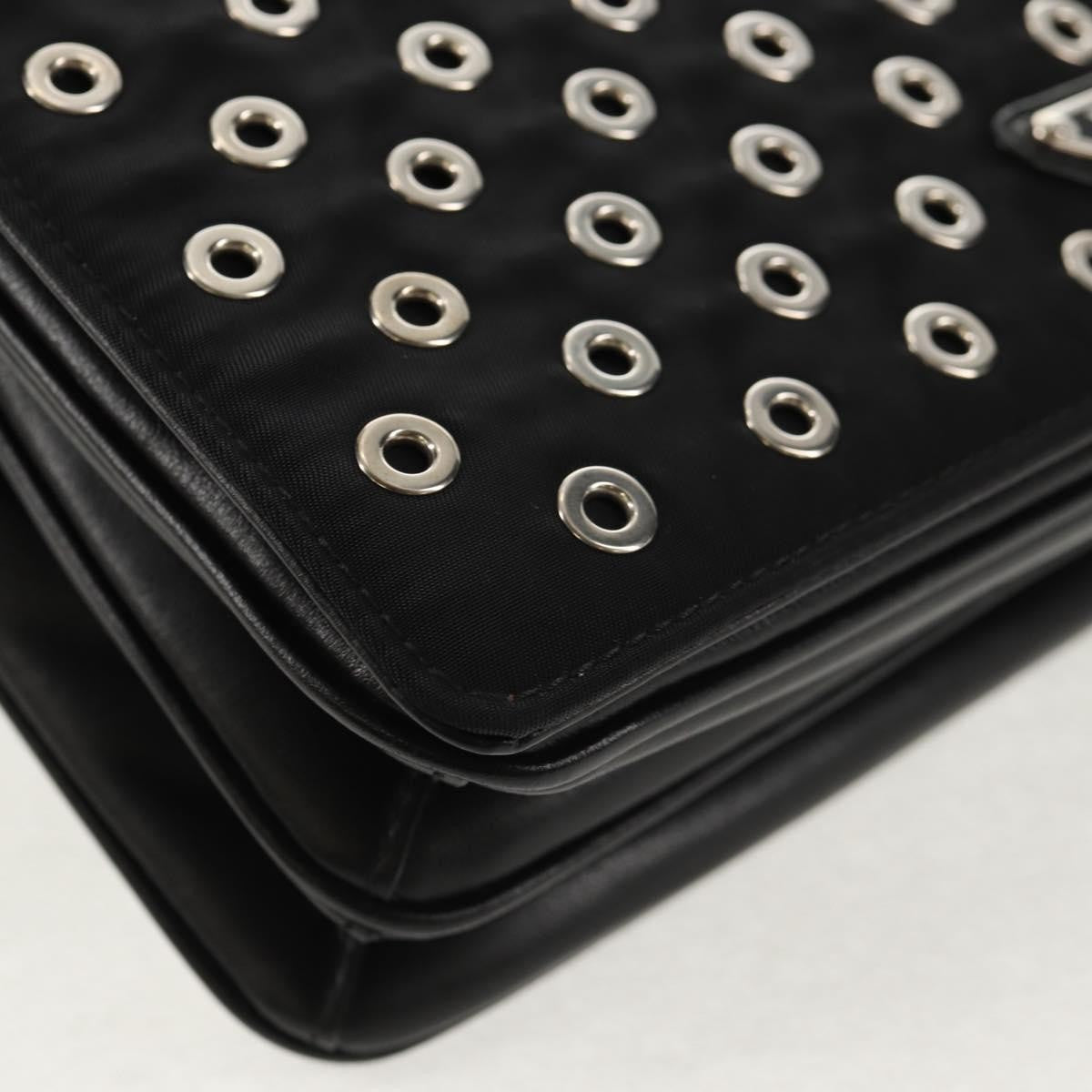 Prada Grommet Chain Flap Shoulder Bag Tessuto with Soft Calf, BLACK, NYLON, Shoulder bag