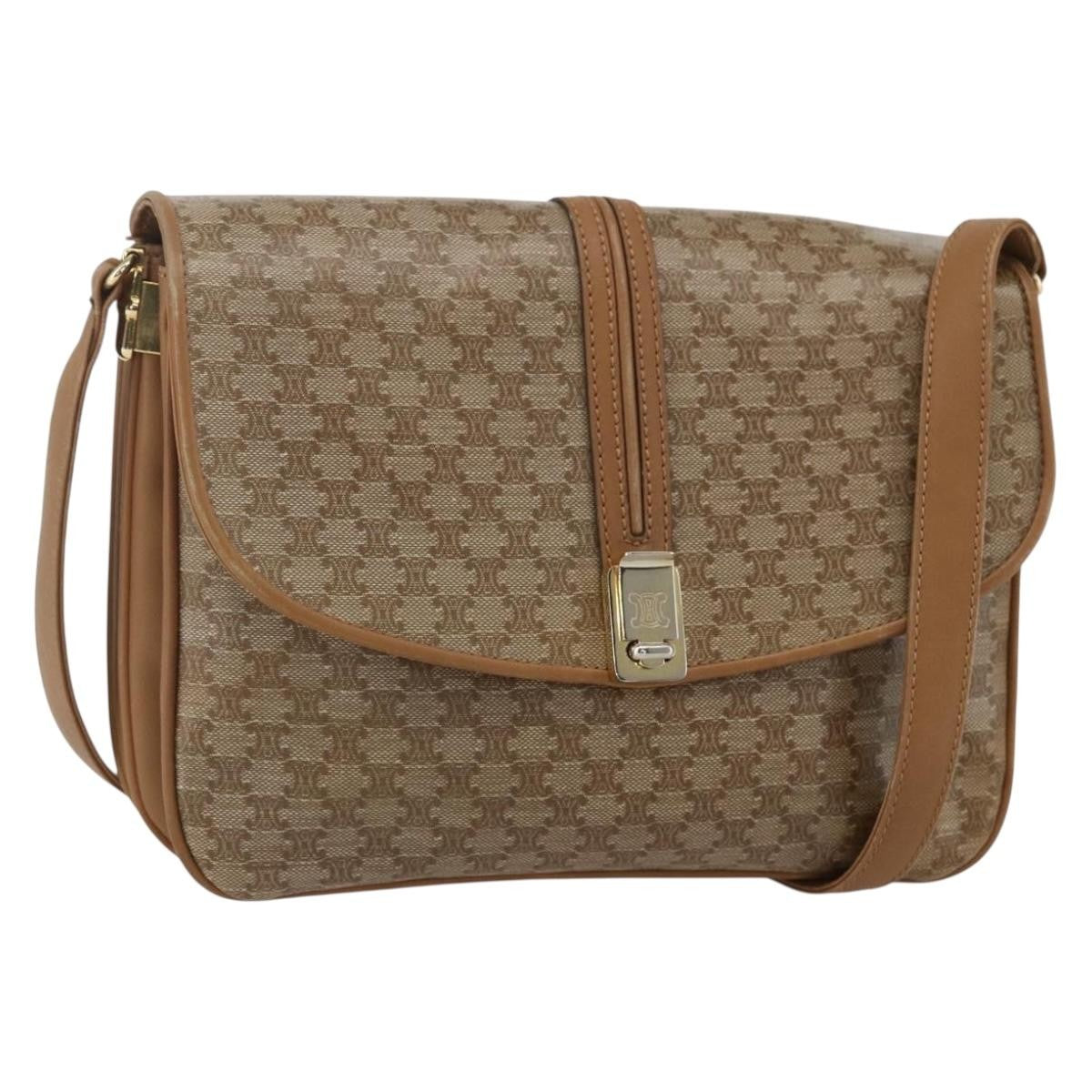 Celine Vintage Macadam Shoulder Bag Canvas and Leather, BEIGE, CANVAS, Shoulder bag