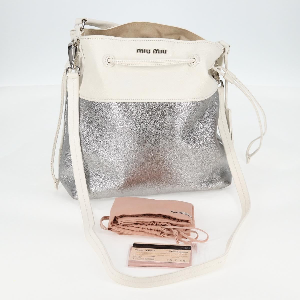 Miu Miu Drawstring Satchel Leather, SILVER, LEATHER, Handbag