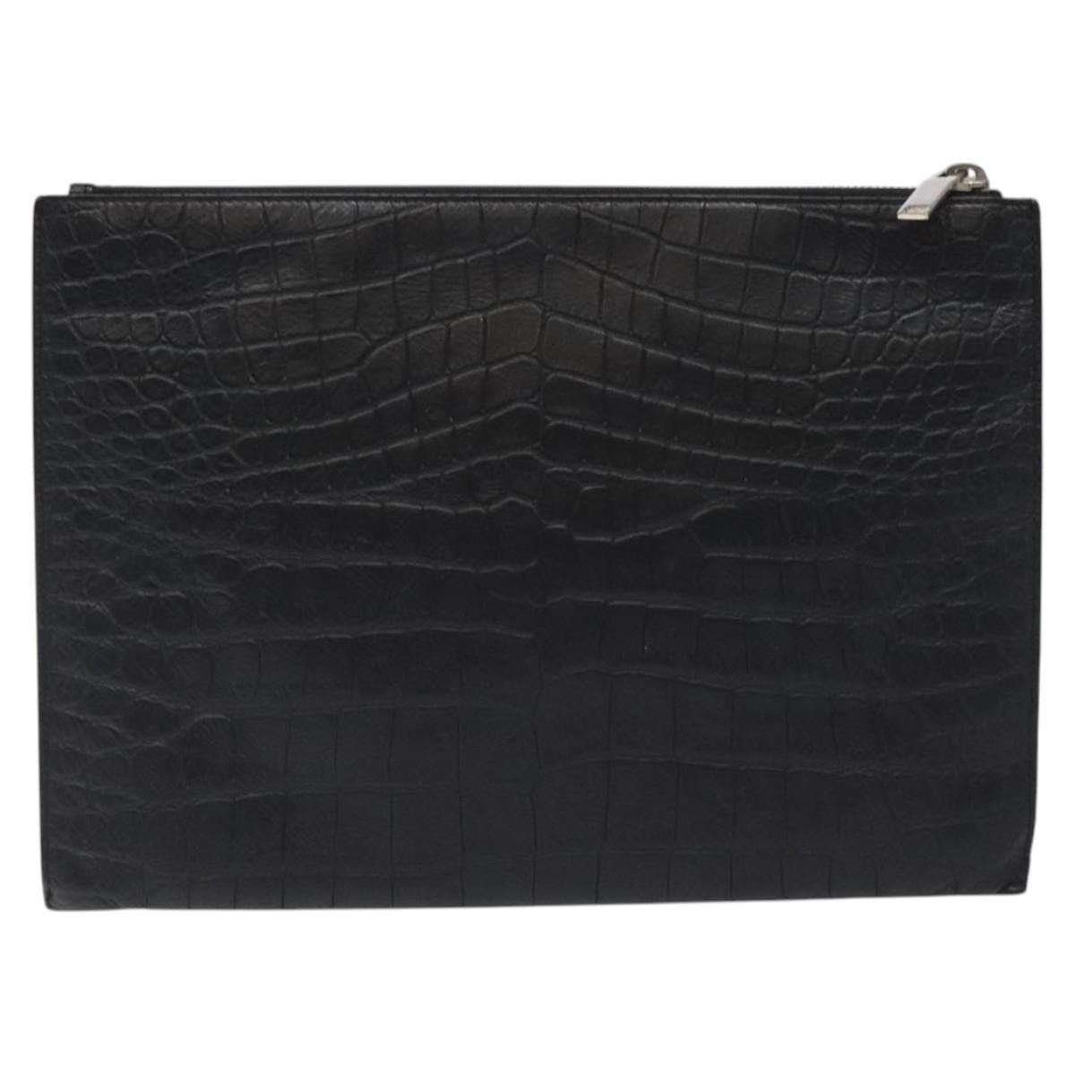 Saint Laurent Classic Monogram Zip Pouch Crocodile Embossed Leather, BLACK, LEATHER, Clutche & pouche