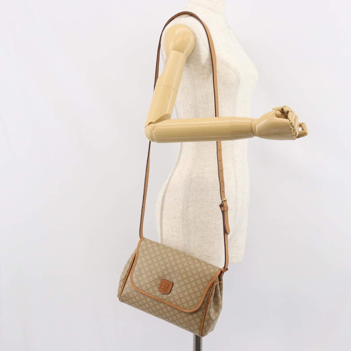 Celine Vintage Macadam Shoulder Bag Canvas and Leather, BEIGE, CANVAS, Shoulder bag