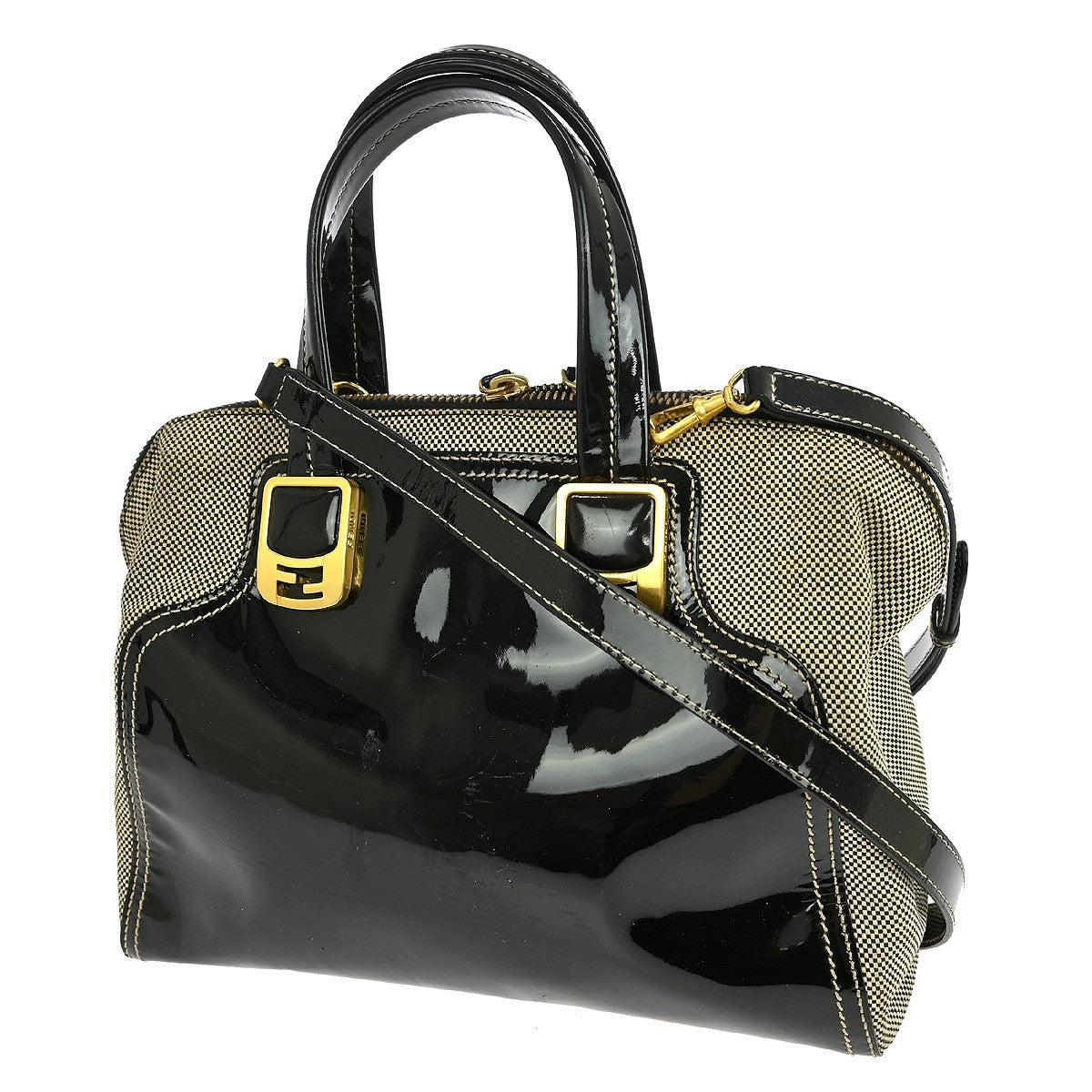 Fendi Chameleon Satchel Patent and Canvas, BLACK, PATENT_LEATHER, Handbag