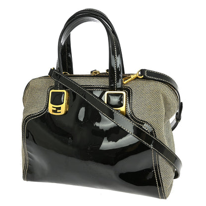 Fendi Chameleon Satchel Patent and Canvas, BLACK, PATENT_LEATHER, Handbag