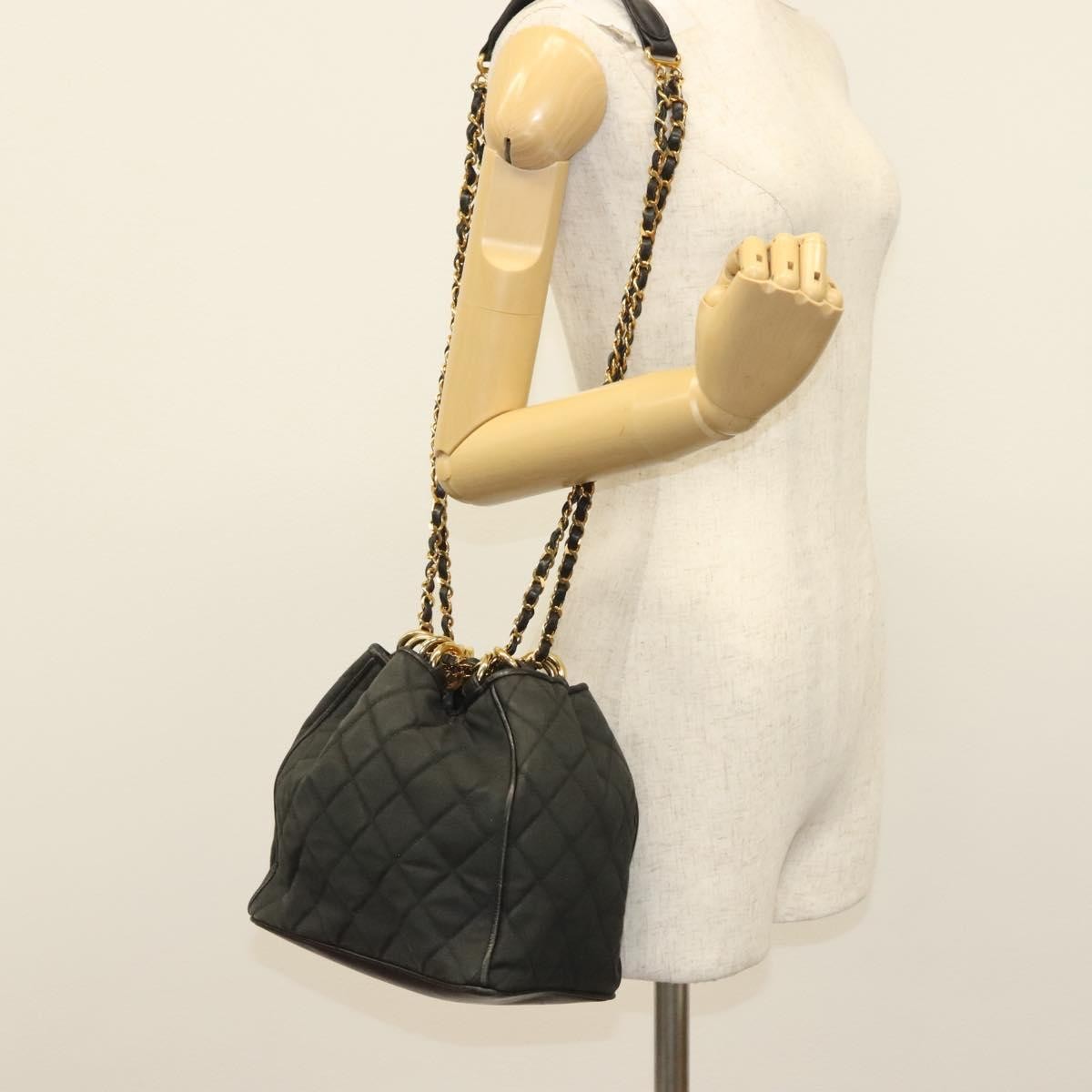 Chanel Vintage Drawstring Chain Bucket Bag Quilted Canvas, BLACK, CANVAS, Shoulder bag