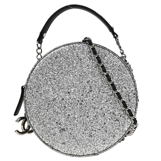 Chanel Evening On The Moon Round Evening Bag Glittered PVC with Patent, SILVER, PATENT_LEATHER, Shoulder bag