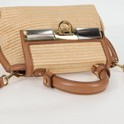 Salvatore Ferragamo Sofia Satchel Raffia with Leather, BEIGE, WOOD, Handbag