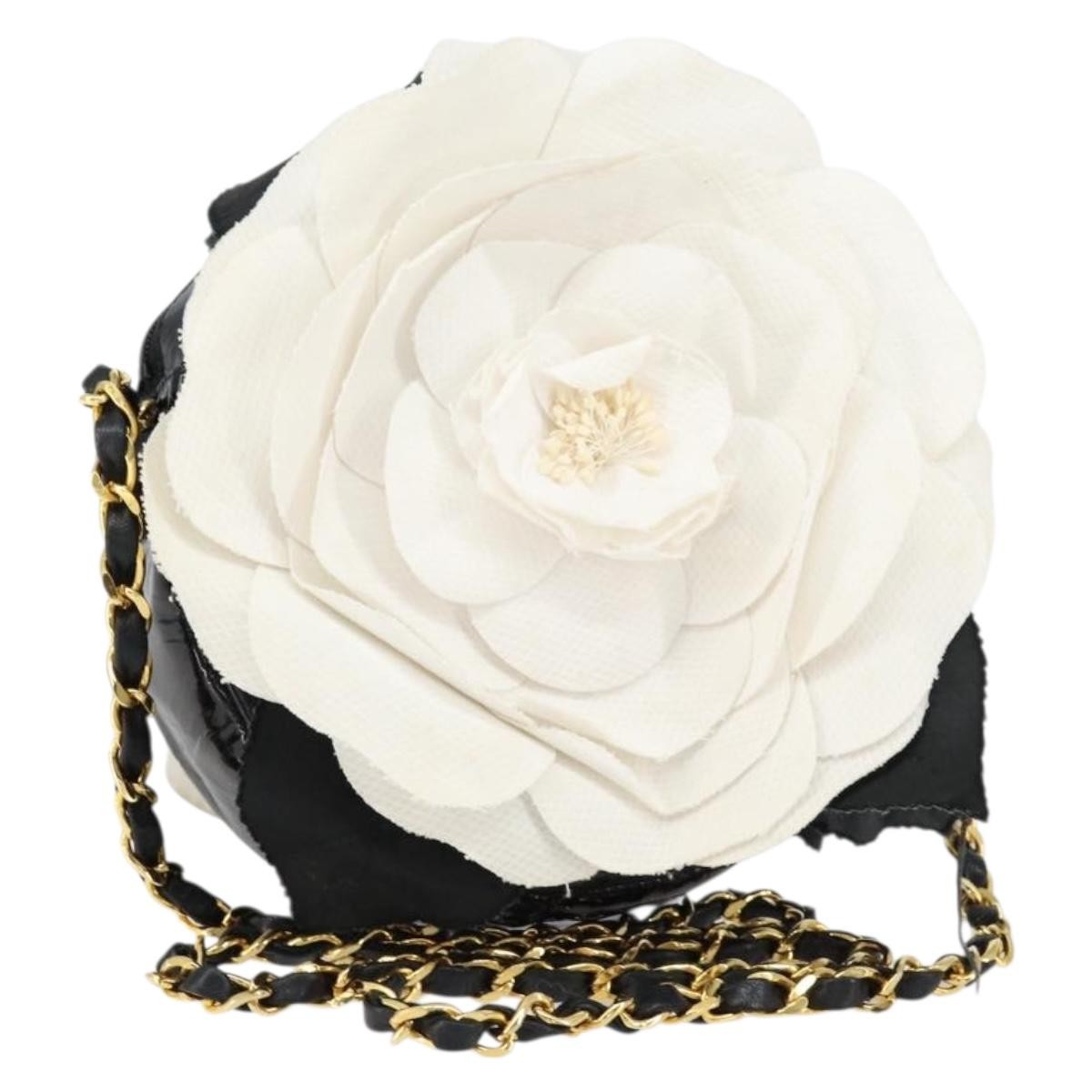Chanel Vintage Camellia Round Evening Bag Lambskin and Satin, BLACK, PATENT_LEATHER, Clutche & pouche