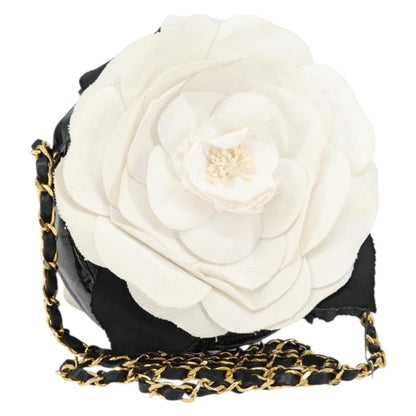 Chanel Vintage Camellia Round Evening Bag Lambskin and Satin, BLACK, PATENT_LEATHER, Clutche & pouche
