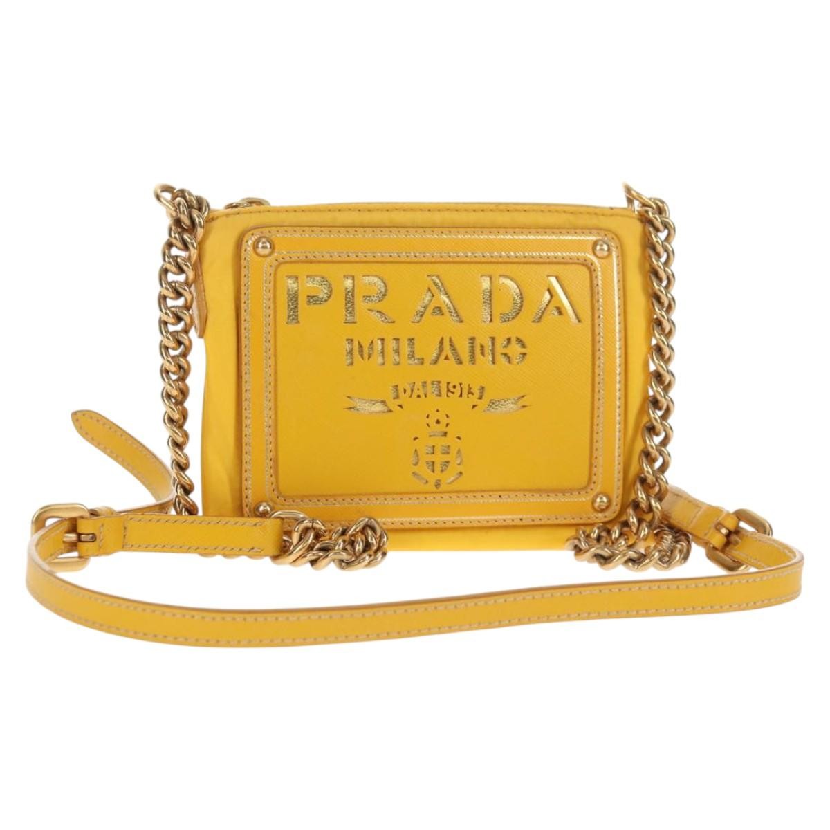 Prada Logo Chain Crossbody Bag Tessuto and Saffiano Leather, YELLOW, NYLON, Clutche & pouche