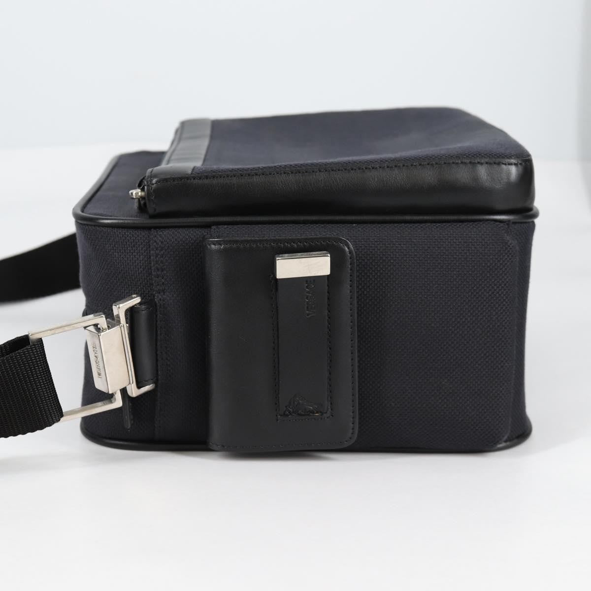 Versace Front Pocket Shoulder Bag Leather and Canvas, BLACK, CANVAS, Shoulder bag