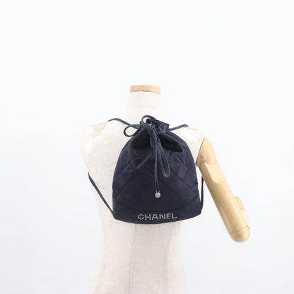 Chanel Vintage Drawstring Backpack Quilted Satin with Suede, NAVY, SATIN, Backpack