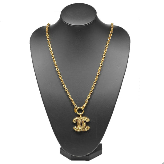 Chanel Vintage CC Pendant Necklace Quilted Metal, GOLD, GOLD_PLATED, Necklace