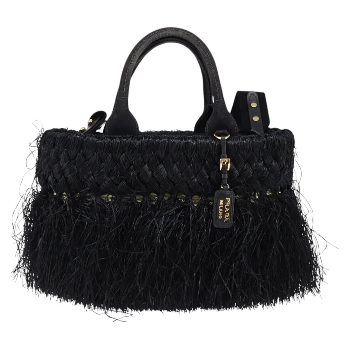 Prada Fringe Wicker Tote Woven Straw, BLACK, WOOD, Handbag