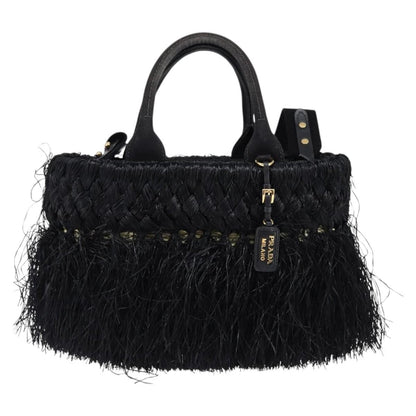 Prada Fringe Wicker Tote Woven Straw, BLACK, WOOD, Handbag