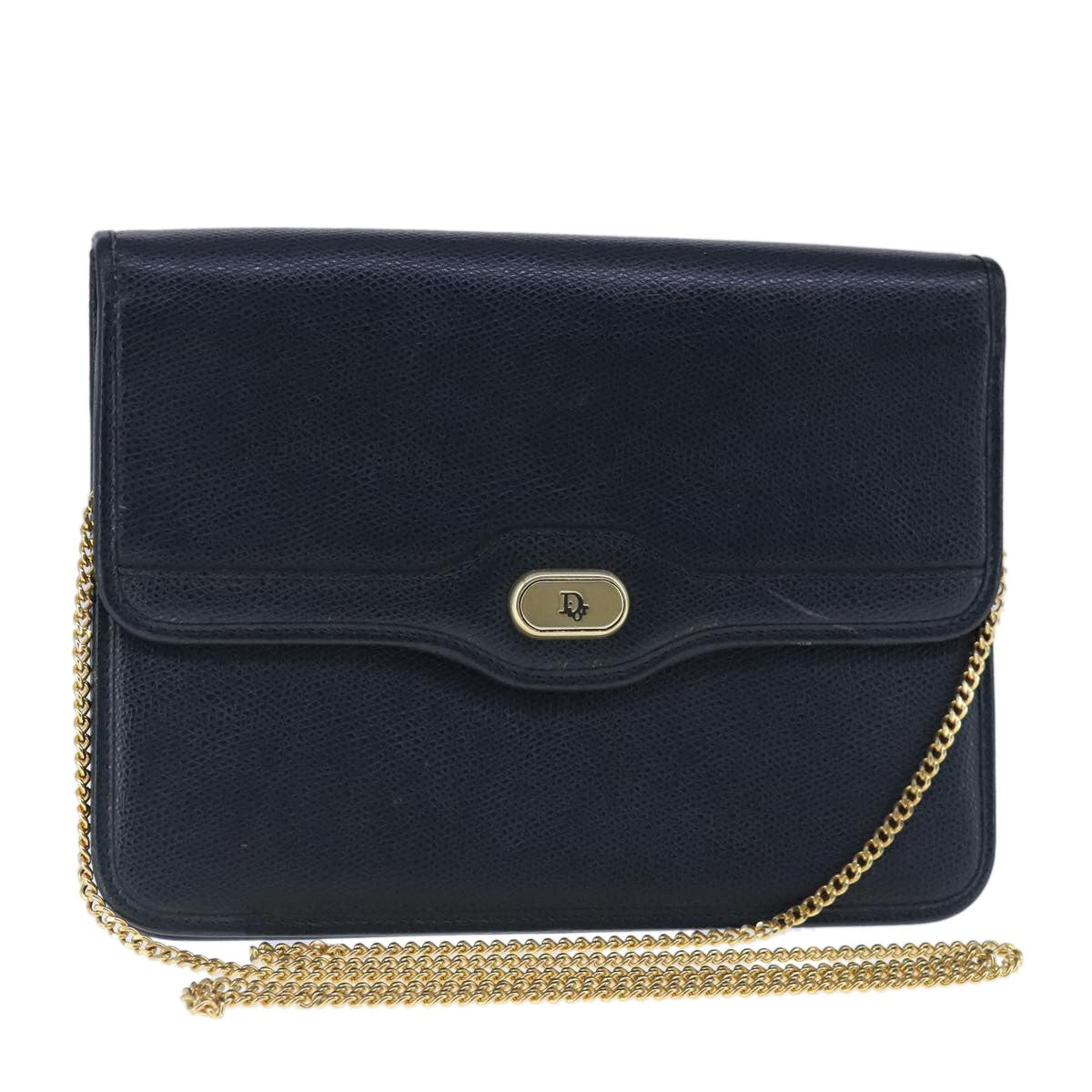 Christian Dior Vintage CD Chain Flap Shoulder Bag Leather, NAVY, LEATHER, Shoulder bag