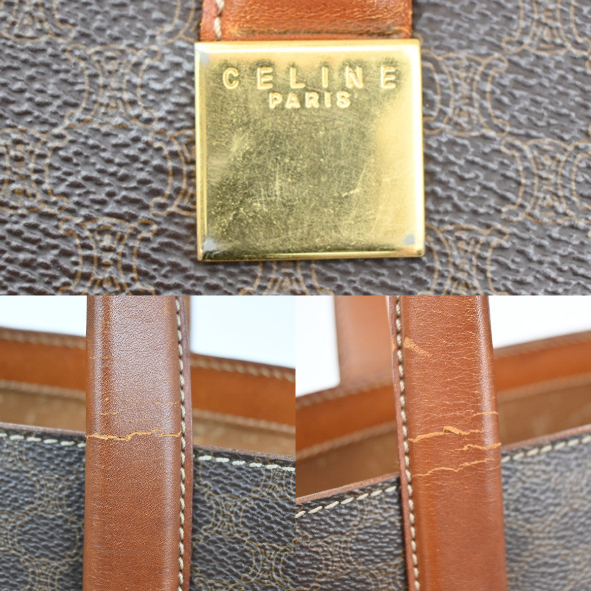 Celine Vintage Macadam Handbag Leather, BROWN, PVC, Handbag