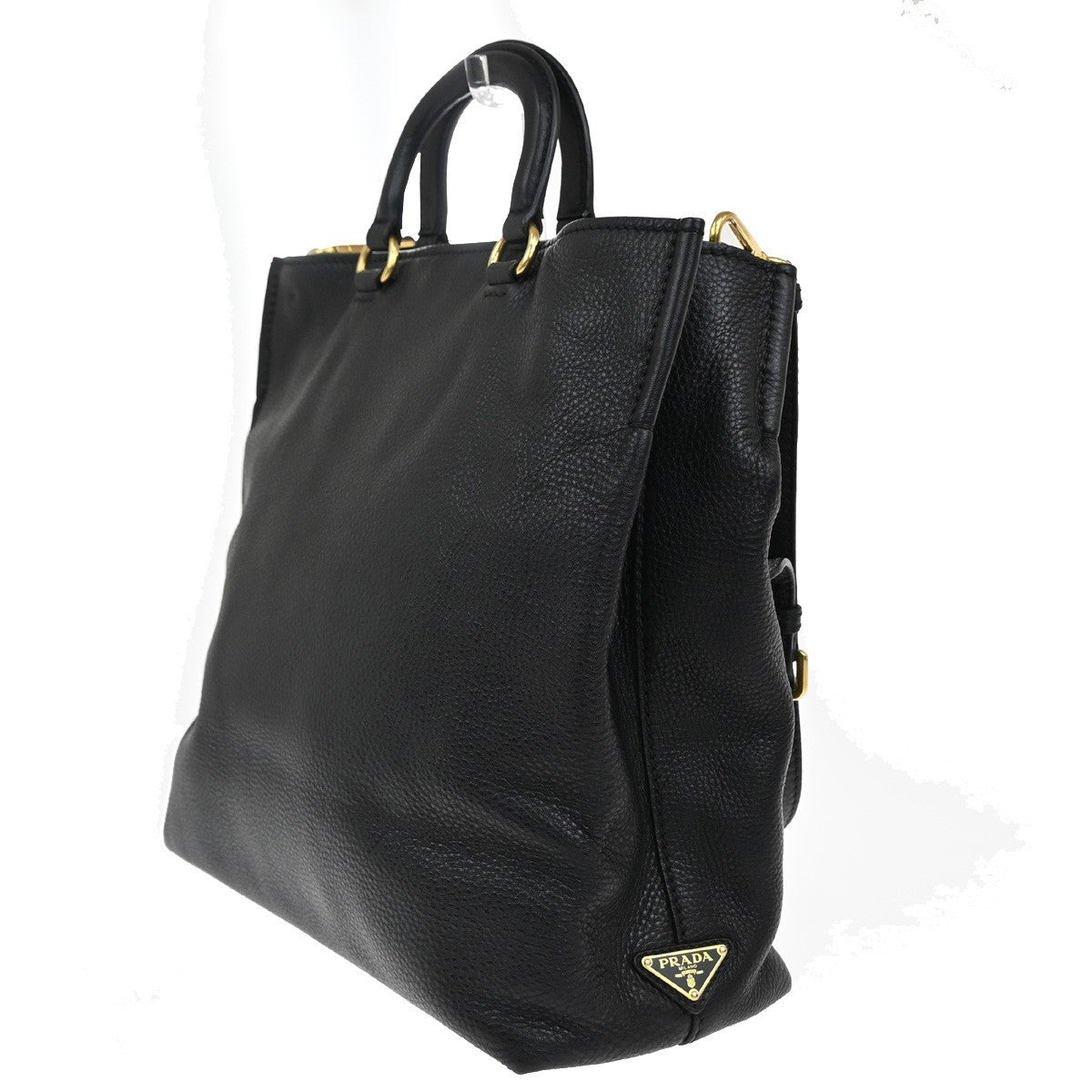 Prada Embossed Logo Convertible Open Tote Vitello Daino, BLACK, LEATHER, Tote bag
