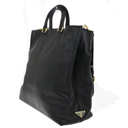 Prada Embossed Logo Convertible Open Tote Vitello Daino, BLACK, LEATHER, Tote bag