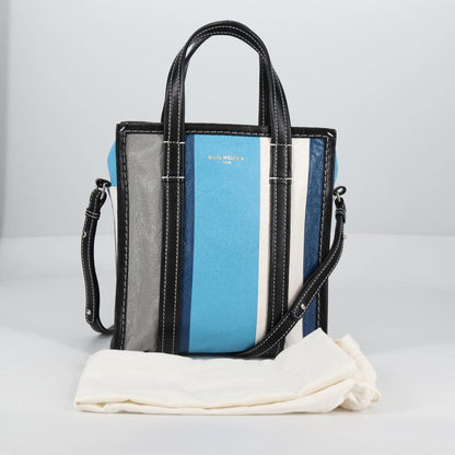 Balenciaga Bazar Convertible Tote Striped Leather, BLUE, LEATHER, Tote bag