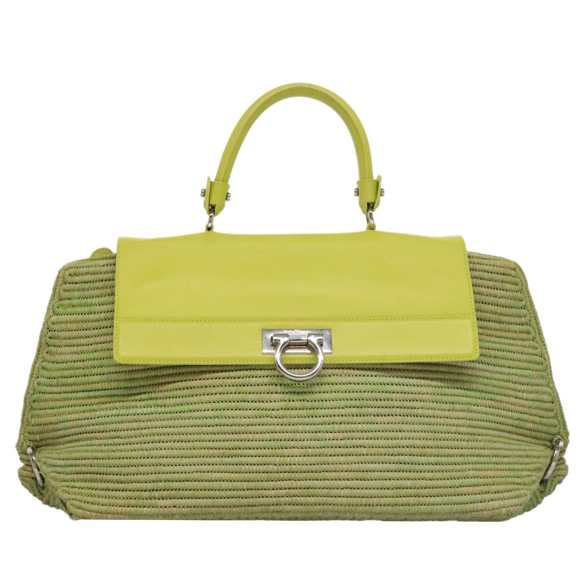 Salvatore Ferragamo Sofia Satchel Raffia with Leather, GREEN, WOOD, Handbag