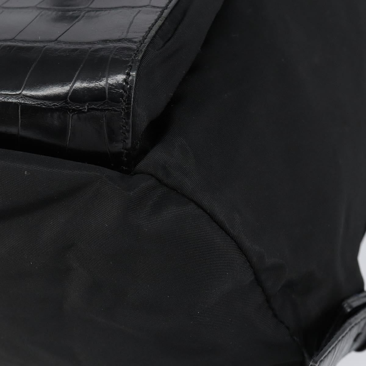 Prada Cinch Buckle Flap Backpack Tessuto with Crocodile Embossed Leather, BLACK, NYLON, Backpack