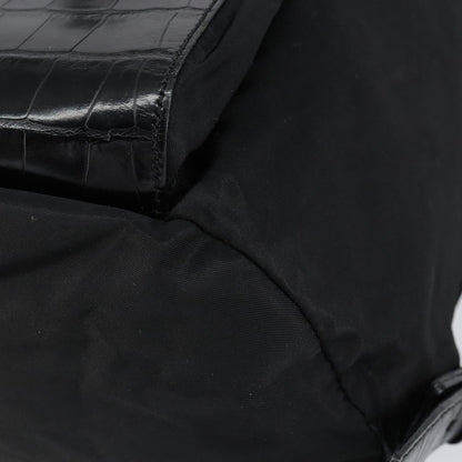 Prada Cinch Buckle Flap Backpack Tessuto with Crocodile Embossed Leather, BLACK, NYLON, Backpack