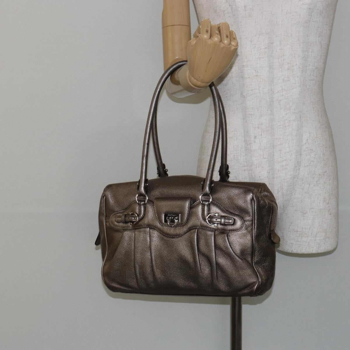 Salvatore Ferragamo Gancini Buckle Shoulder Bag Leather, GOLD, LEATHER, Tote bag