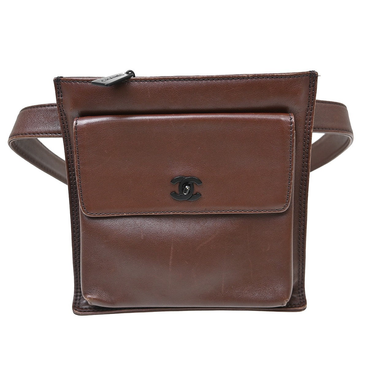 Chanel Vintage Front Pocket Waist Bag Leather, Brown, Leather, Clutch