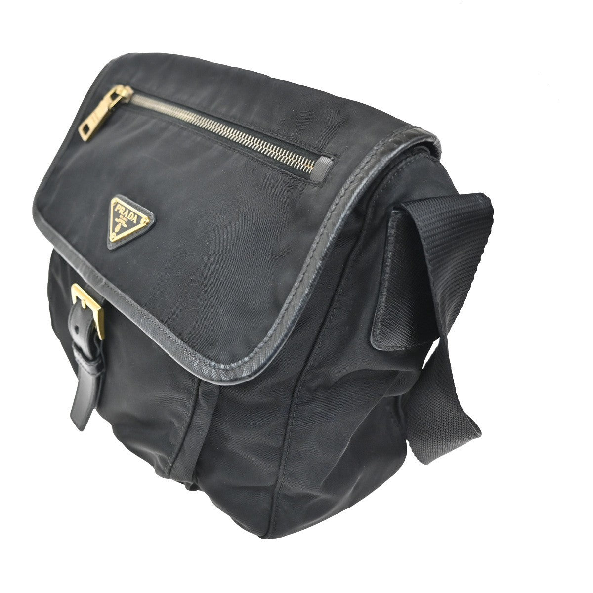 Prada Buckle Messenger Bag Tessuto, Black, Nylon, Shoulder Bag