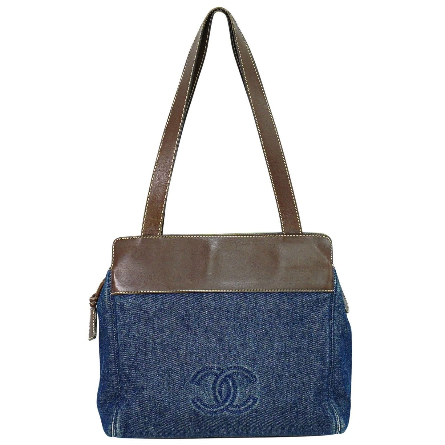 Chanel Vintage CC Tote Denim with Leather, NAVY, DENIM_JEANS, Tote bag