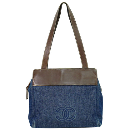 Chanel Vintage CC Tote Denim with Leather, NAVY, DENIM_JEANS, Tote bag