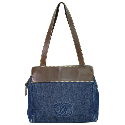 Chanel Vintage CC Tote Denim with Leather, NAVY, DENIM_JEANS, Tote bag