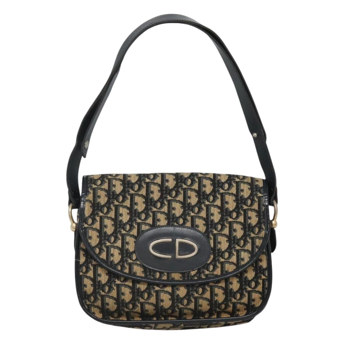 Christian Dior Vintage CD Logo Shoulder Bag Leather, NAVY, CANVAS, Shoulder bag