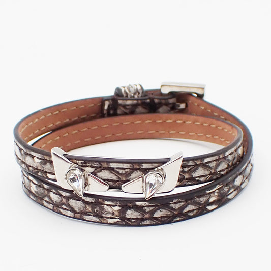 Fendi Selleria Monster Bracelet Leather with Metal Detail, BROWN, LEATHER, Bracelet