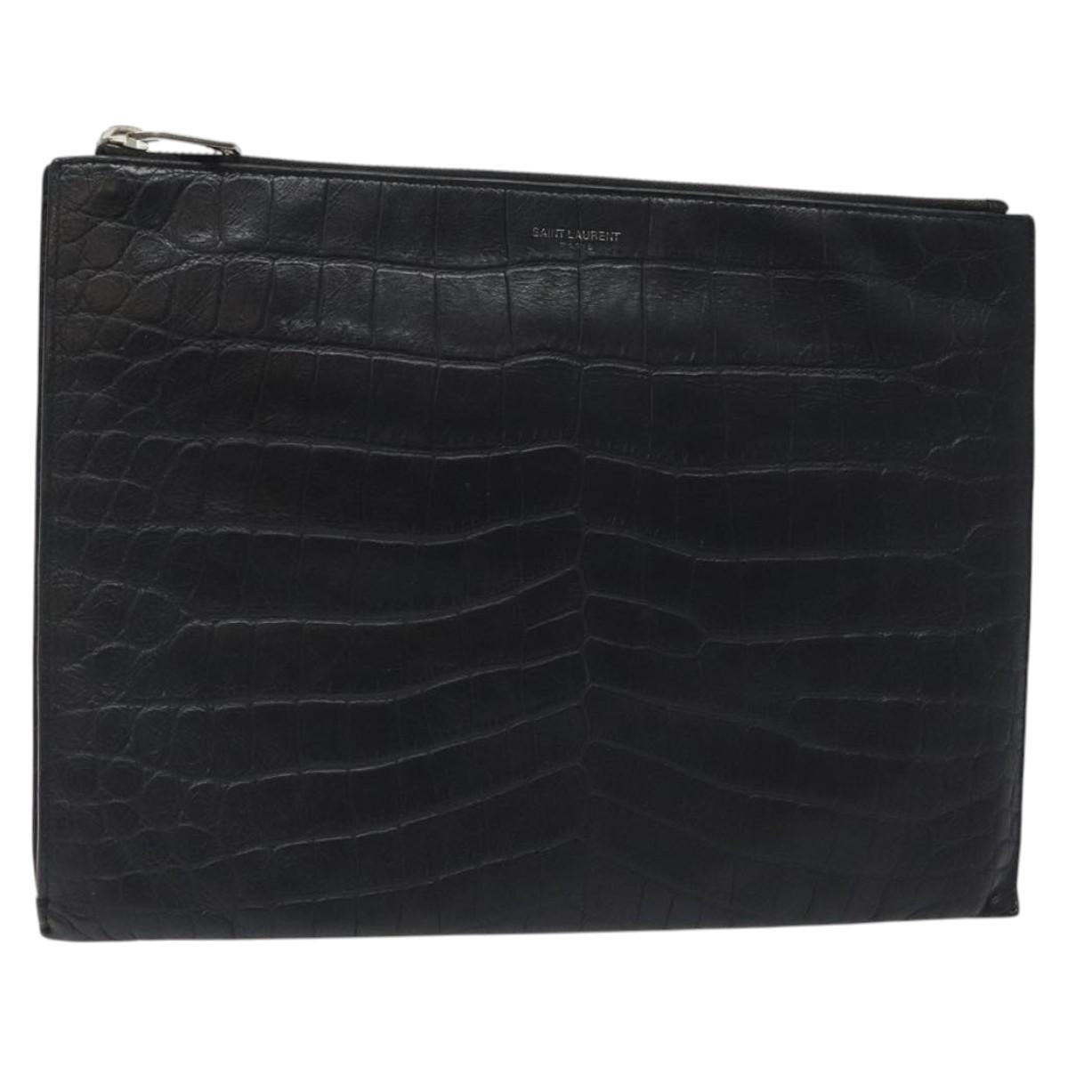 Saint Laurent Zip Pouch Crocodile Embossed Leather, BLACK, LEATHER, Clutche & pouche