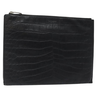 Saint Laurent Zip Pouch Crocodile Embossed Leather, BLACK, LEATHER, Clutche & pouche