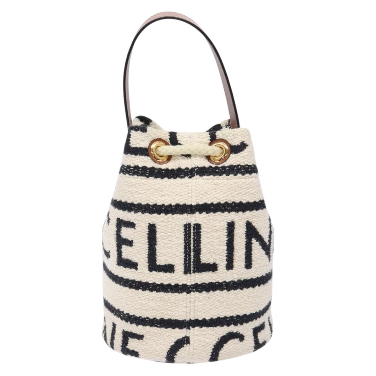 Celine Teen Drawstring Plein Soleil Bucket Bag Canvas with Leather, WHITE, CANVAS, Crossbody bag