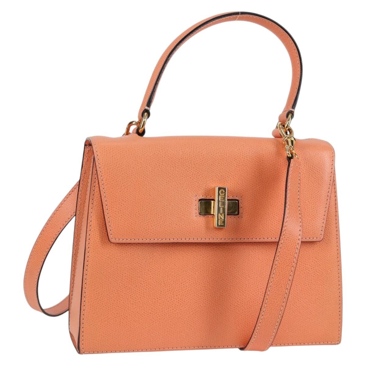 Celine Vintage Convertible Turnlock Top Handle Bag Leather, ORANGE, LEATHER, Handbag