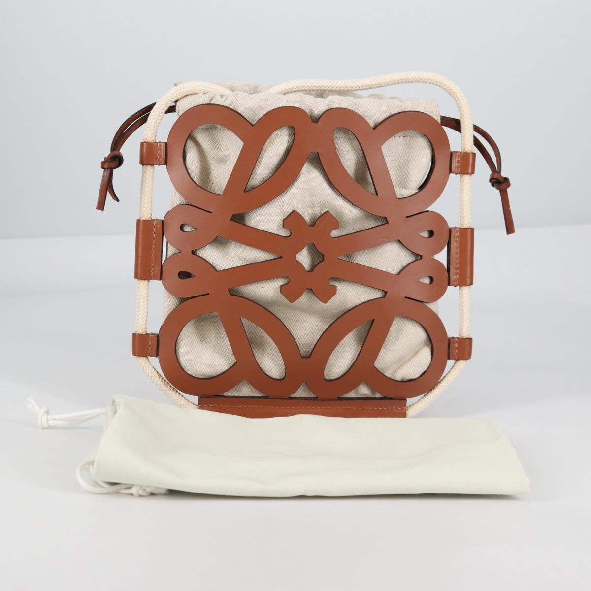 Loewe Anagram Drawstring Bucket Crossbody Bag Leather with Canvas, BEIGE, LEATHER, Crossbody bag