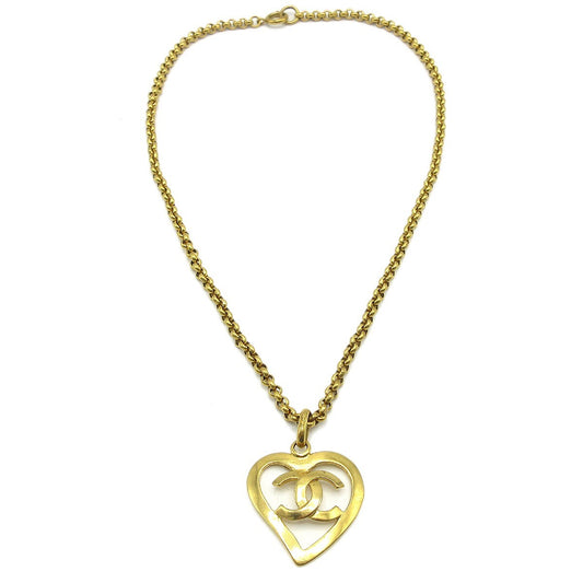 Chanel CC Heart Pendant Necklace Metal, GOLD, GOLD_PLATED, Necklace