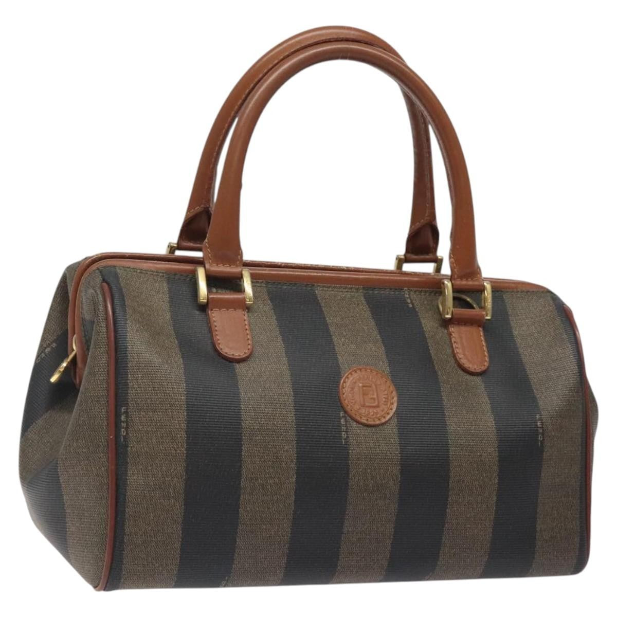 Fendi Vintage Pequin Boston Bag Coated Canvas, BROWN, CANVAS, Handbag