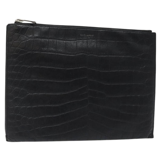 Saint Laurent Classic Monogram Zip Pouch Crocodile Embossed Leather, BLACK, LEATHER, Clutche & pouche