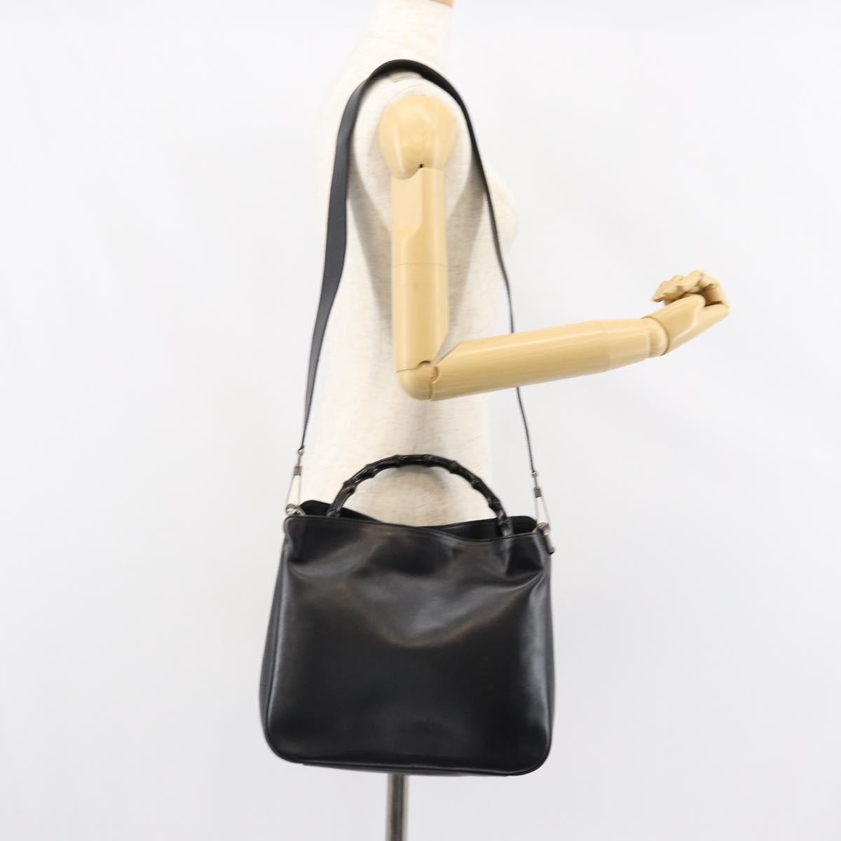 Gucci Vintage Bamboo Handle Open Hobo Leather, BLACK, LEATHER, Handbag