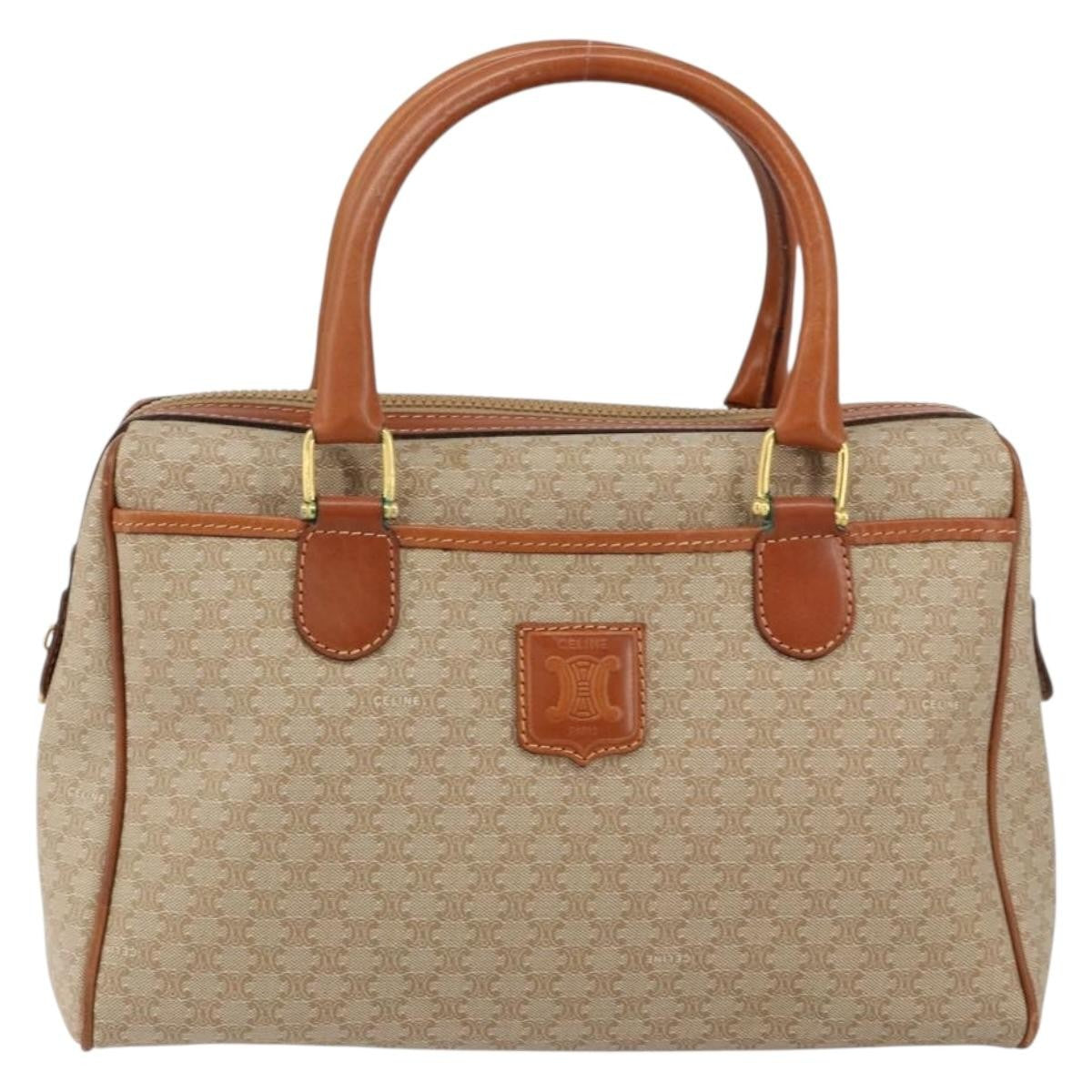 Celine Vintage Macadam Handbag Canvas and Leather, BEIGE, CANVAS, Handbag