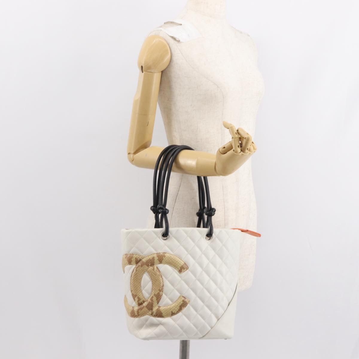 Chanel Cambon Tote Quilted Leather, WHITE, LEATHER, Tote bag